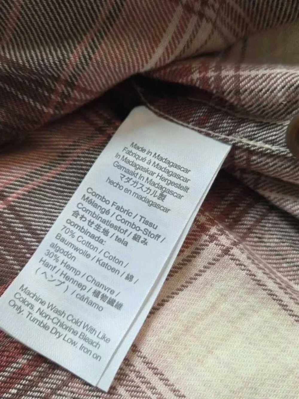 New XL J.Crew cotton hemp blend twill camp collar plaid shirt Sage Pink Brown